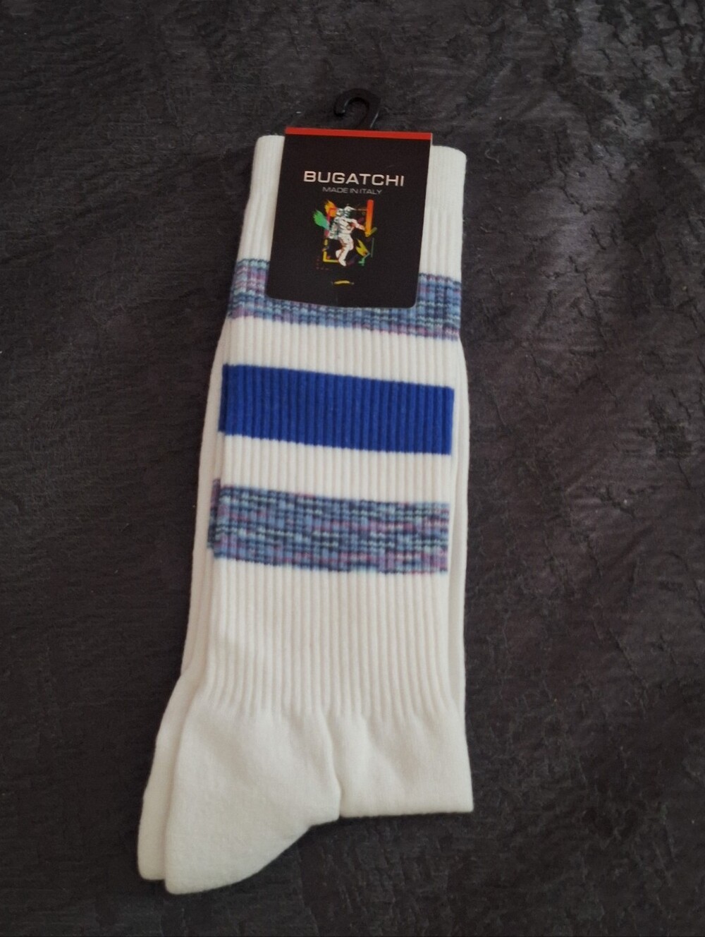 Bugatchi White Crew Socks with Bold Blue Stripe and Multicolor Bands